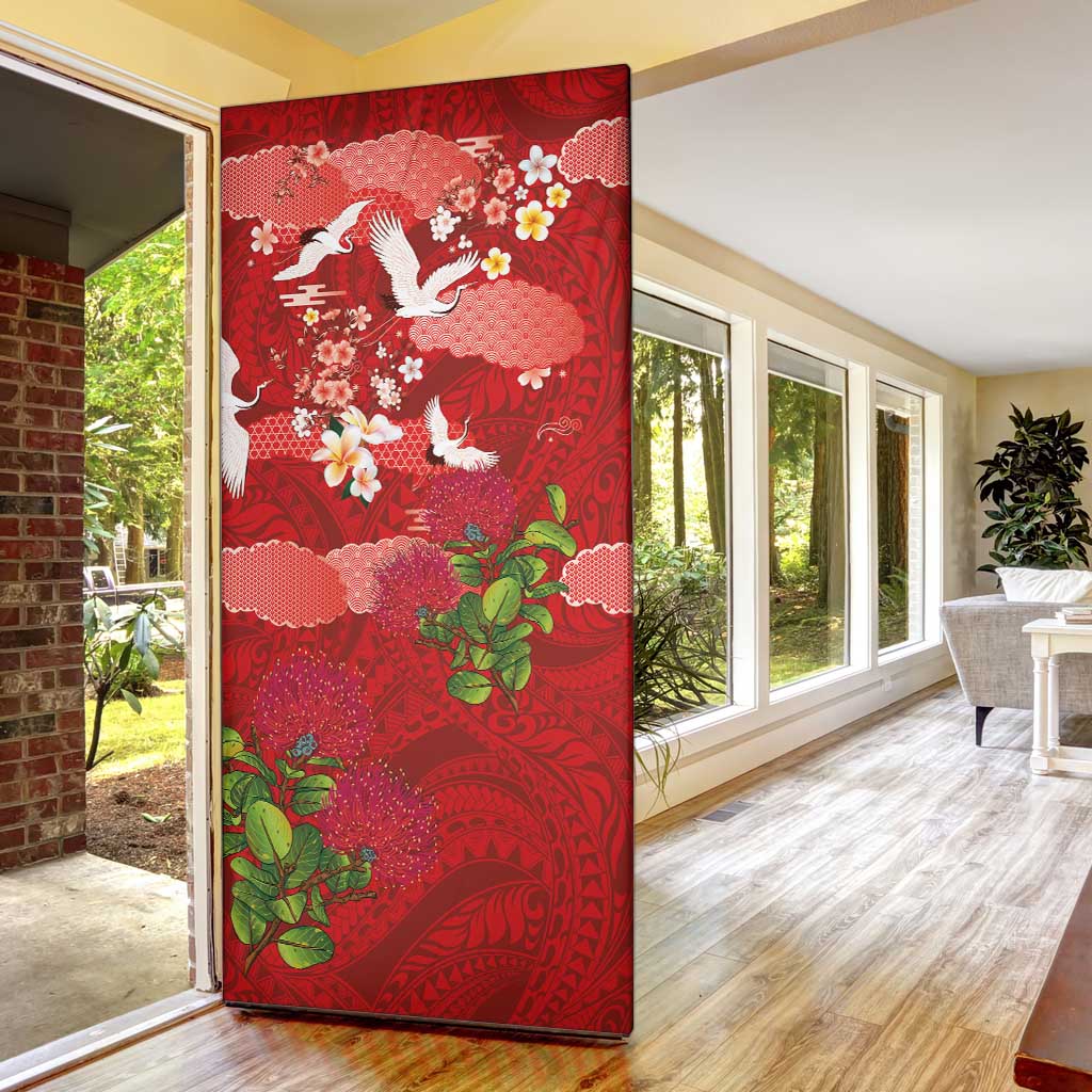 Hawaiian and Japanese Culture Together Door Cover Red Ohia Lehua Plumeria and Sakura Blooming LT03 - Polynesian Pride