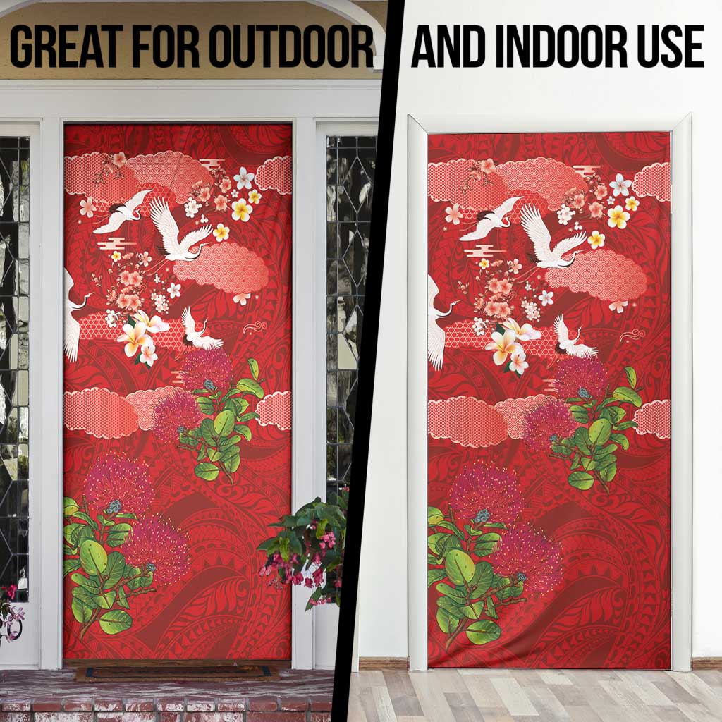 Hawaiian and Japanese Culture Together Door Cover Red Ohia Lehua Plumeria and Sakura Blooming LT03 - Polynesian Pride