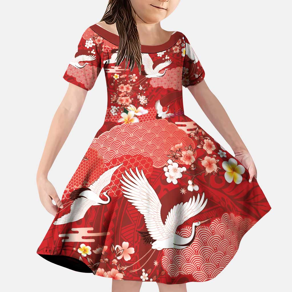 Hawaiian and Japanese Culture Together Family Matching Long Sleeve Bodycon Dress and Hawaiian Shirt Red Ohia Lehua Plumeria and Sakura Blooming LT03 Daughter's Dress Red - Polynesian Pride