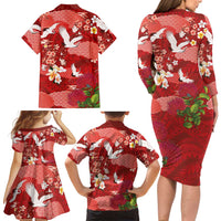 Hawaiian and Japanese Culture Together Family Matching Long Sleeve Bodycon Dress and Hawaiian Shirt Red Ohia Lehua Plumeria and Sakura Blooming LT03 - Polynesian Pride