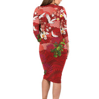Hawaiian and Japanese Culture Together Family Matching Long Sleeve Bodycon Dress and Hawaiian Shirt Red Ohia Lehua Plumeria and Sakura Blooming LT03 - Polynesian Pride