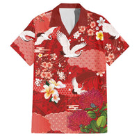Hawaiian and Japanese Culture Together Family Matching Off Shoulder Short Dress and Hawaiian Shirt Red Ohia Lehua Plumeria and Sakura Blooming LT03 Dad's Shirt - Short Sleeve Red - Polynesian Pride