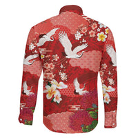 Hawaiian and Japanese Culture Together Family Matching Off Shoulder Short Dress and Hawaiian Shirt Red Ohia Lehua Plumeria and Sakura Blooming LT03 - Polynesian Pride