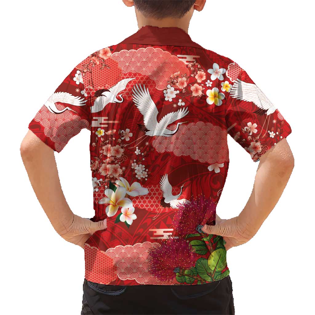 Hawaiian and Japanese Culture Together Family Matching Puletasi and Hawaiian Shirt Red Ohia Lehua Plumeria and Sakura Blooming LT03 - Polynesian Pride