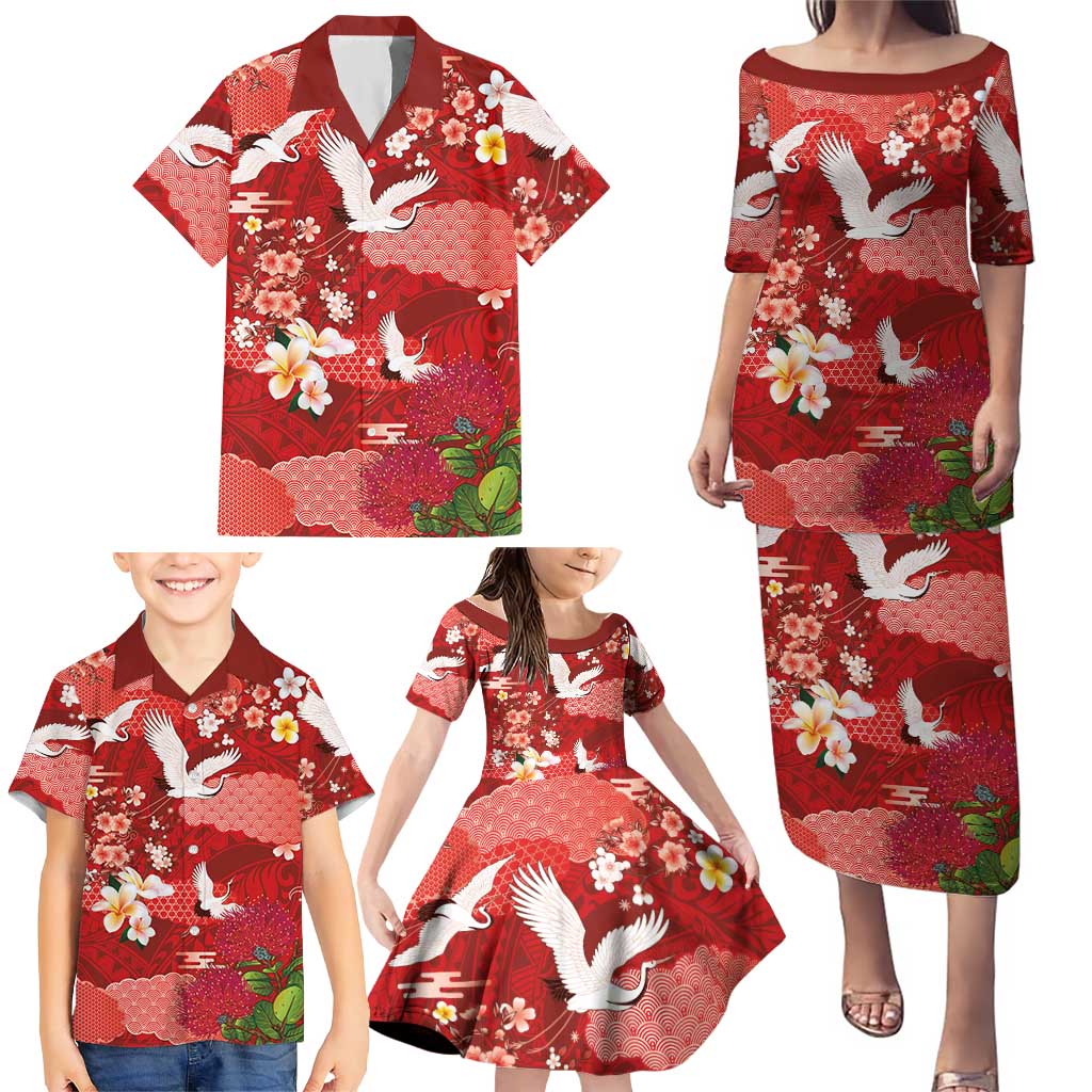 Hawaiian and Japanese Culture Together Family Matching Puletasi and Hawaiian Shirt Red Ohia Lehua Plumeria and Sakura Blooming LT03 - Polynesian Pride