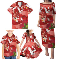 Hawaiian and Japanese Culture Together Family Matching Puletasi and Hawaiian Shirt Red Ohia Lehua Plumeria and Sakura Blooming LT03 - Polynesian Pride