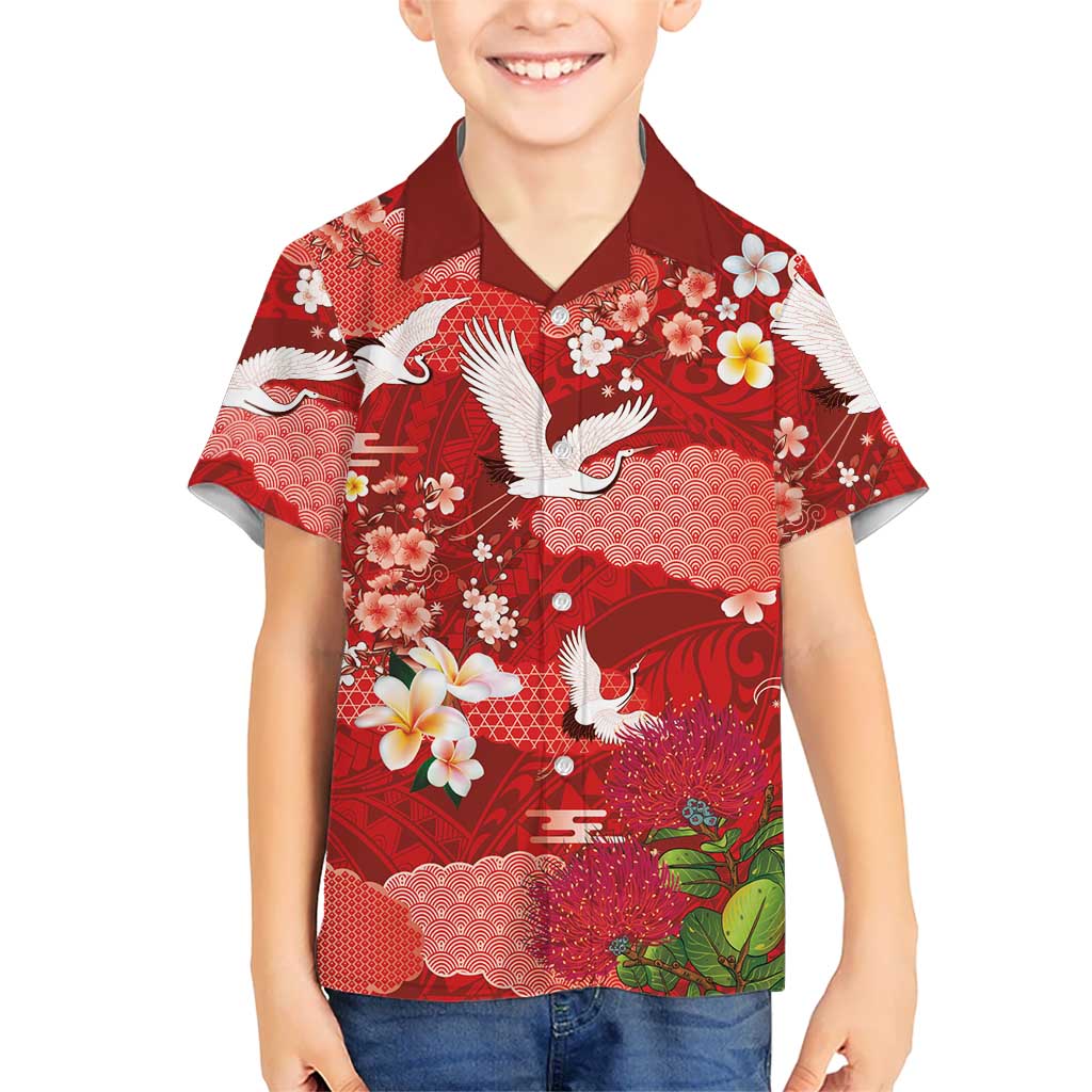 Hawaiian and Japanese Culture Together Family Matching Puletasi and Hawaiian Shirt Red Ohia Lehua Plumeria and Sakura Blooming LT03 Son's Shirt Red - Polynesian Pride