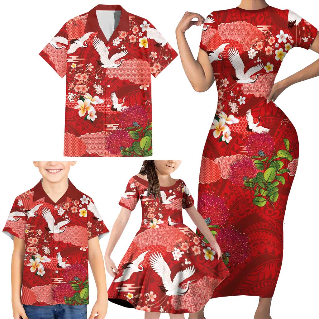 Hawaiian and Japanese Culture Together Family Matching Short Sleeve Bodycon Dress and Hawaiian Shirt Red Ohia Lehua Plumeria and Sakura Blooming LT03 - Polynesian Pride