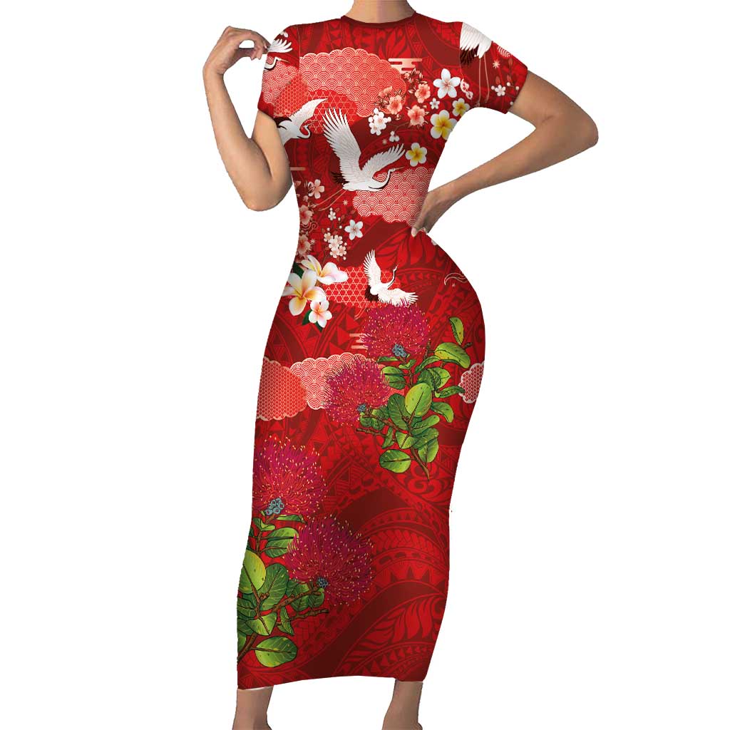 Hawaiian and Japanese Culture Together Family Matching Short Sleeve Bodycon Dress and Hawaiian Shirt Red Ohia Lehua Plumeria and Sakura Blooming LT03 Mom's Dress Red - Polynesian Pride