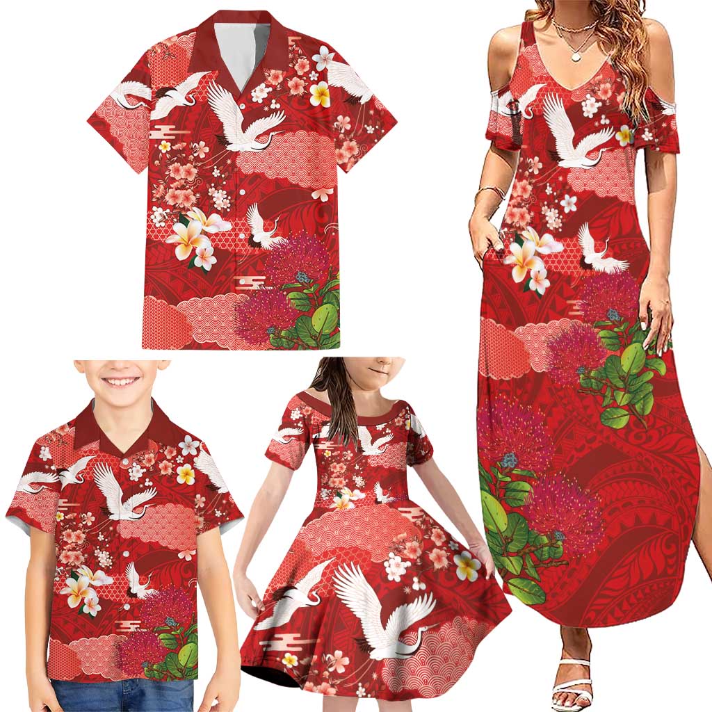 Hawaiian and Japanese Culture Together Family Matching Summer Maxi Dress and Hawaiian Shirt Red Ohia Lehua Plumeria and Sakura Blooming LT03 - Polynesian Pride
