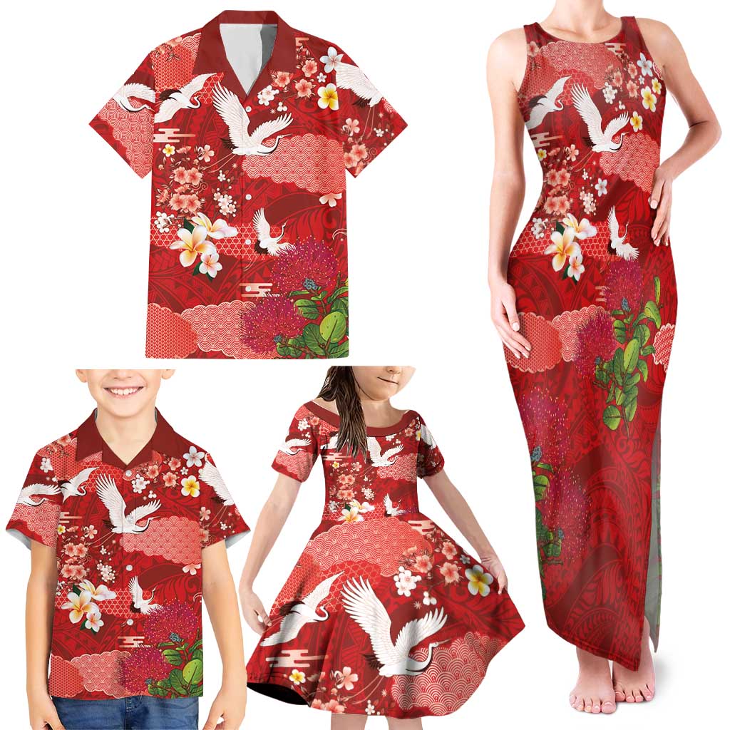 Hawaiian and Japanese Culture Together Family Matching Tank Maxi Dress and Hawaiian Shirt Red Ohia Lehua Plumeria and Sakura Blooming - Polynesian Pride