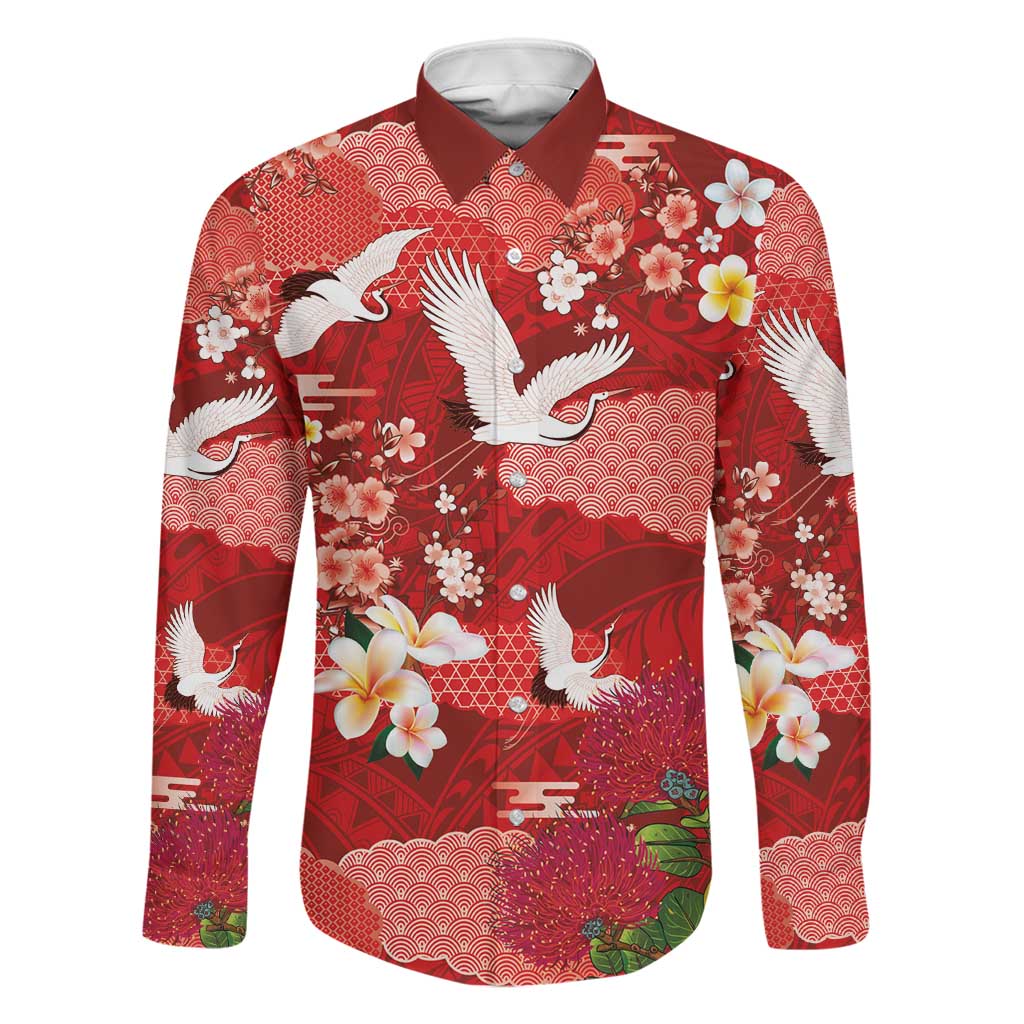 Hawaiian and Japanese Culture Together Family Matching Tank Maxi Dress and Hawaiian Shirt Red Ohia Lehua Plumeria and Sakura Blooming LT03 Dad's Shirt - Long Sleeve Red - Polynesian Pride