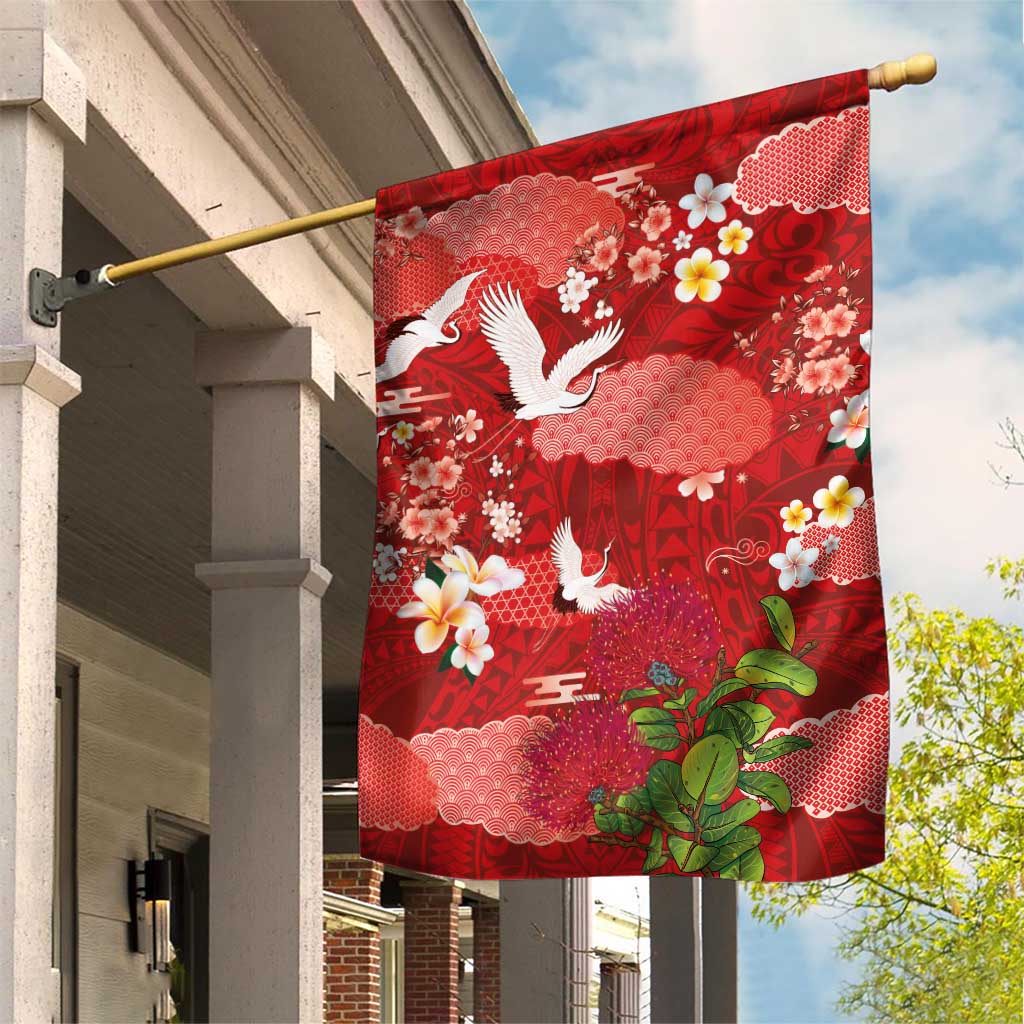 Hawaiian and Japanese Culture Together Garden Flag Red Ohia Lehua Plumeria and Sakura Blooming LT03 House Flag Red - Polynesian Pride
