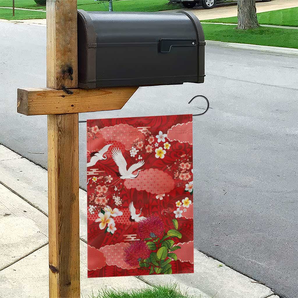 Hawaiian and Japanese Culture Together Garden Flag Red Ohia Lehua Plumeria and Sakura Blooming LT03 - Polynesian Pride