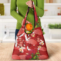 Hawaiian and Japanese Culture Together Grocery Bag Red Ohia Lehua Plumeria and Sakura Blooming LT03 - Polynesian Pride