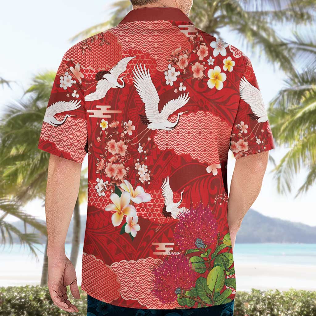 Hawaiian and Japanese Culture Together Hawaiian Shirt Red Ohia Lehua Plumeria and Sakura Blooming LT03 - Polynesian Pride