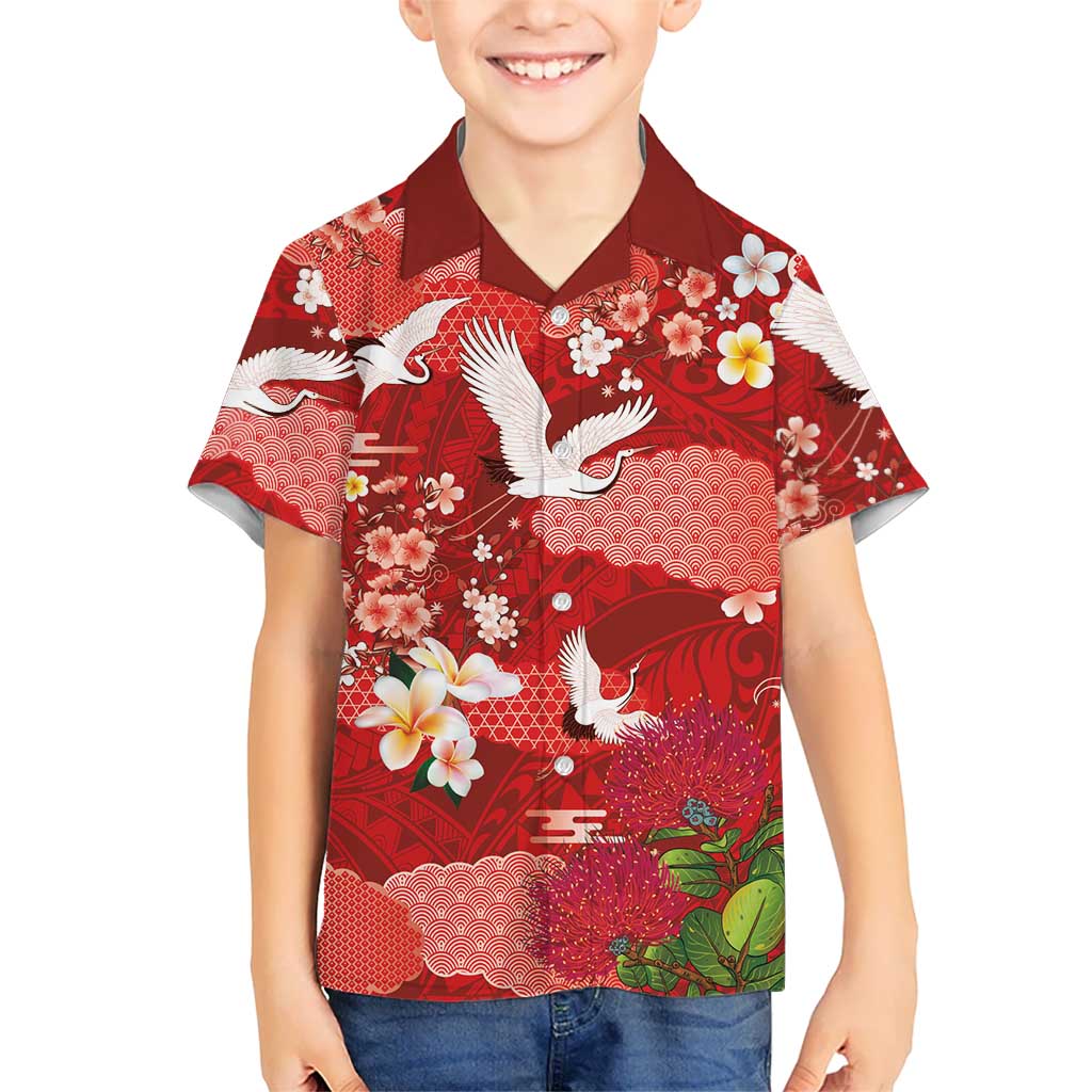 Hawaiian and Japanese Culture Together Hawaiian Shirt Red Ohia Lehua Plumeria and Sakura Blooming LT03 - Polynesian Pride