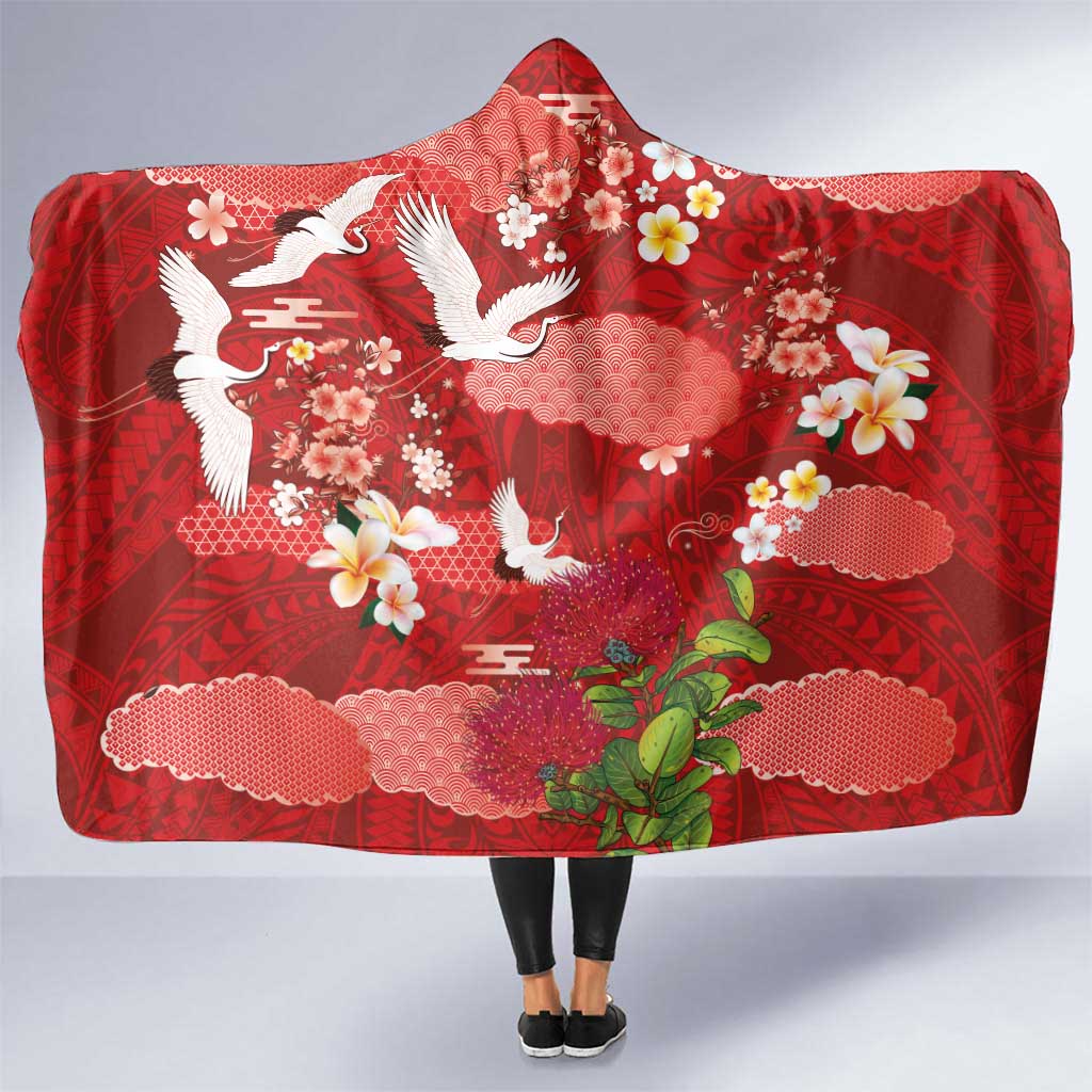 Hawaiian and Japanese Culture Together Hooded Blanket Red Ohia Lehua Plumeria and Sakura Blooming LT03 One Size Red - Polynesian Pride