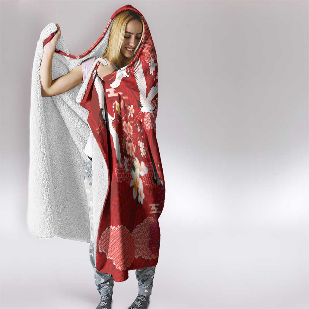 Hawaiian and Japanese Culture Together Hooded Blanket Red Ohia Lehua Plumeria and Sakura Blooming LT03 - Polynesian Pride