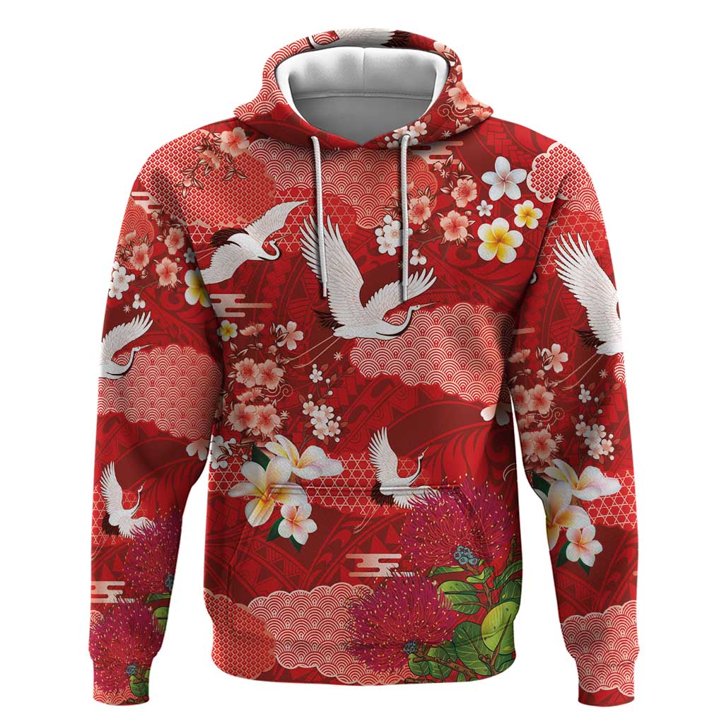 Hawaiian and Japanese Culture Together Hoodie Red Ohia Lehua Plumeria and Sakura Blooming LT03 Pullover Hoodie Red - Polynesian Pride