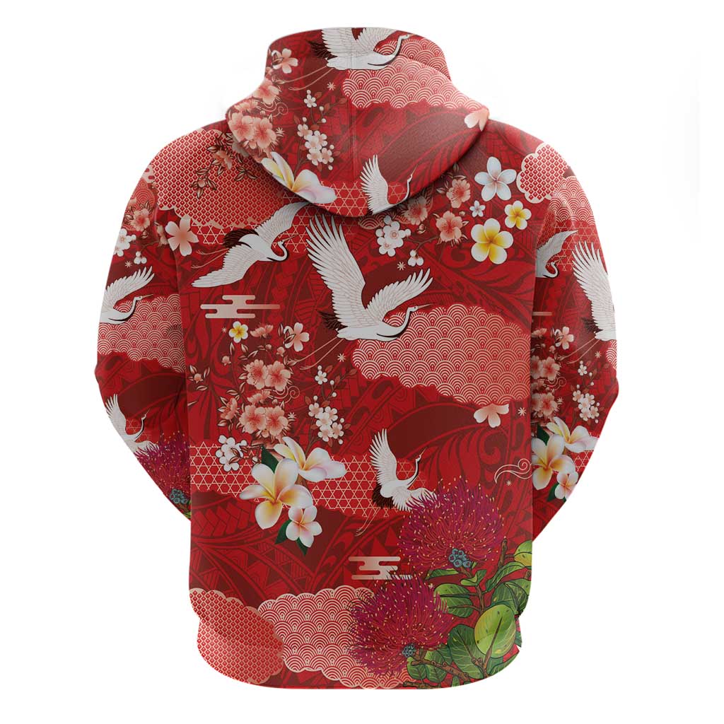 Hawaiian and Japanese Culture Together Hoodie Red Ohia Lehua Plumeria and Sakura Blooming LT03 - Polynesian Pride