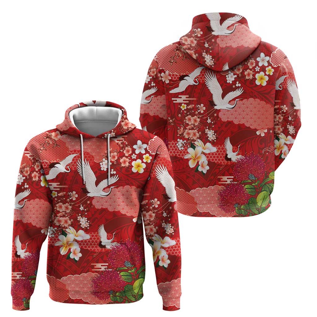 Hawaiian and Japanese Culture Together Hoodie Red Ohia Lehua Plumeria and Sakura Blooming LT03 - Polynesian Pride