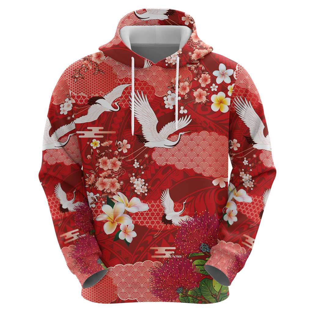 Hawaiian and Japanese Culture Together Hoodie Red Ohia Lehua Plumeria and Sakura Blooming LT03 - Polynesian Pride