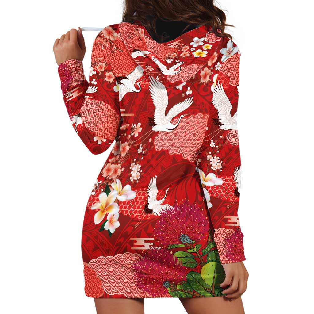 Hawaiian and Japanese Culture Together Hoodie Dress Red Ohia Lehua Plumeria and Sakura Blooming LT03 - Polynesian Pride
