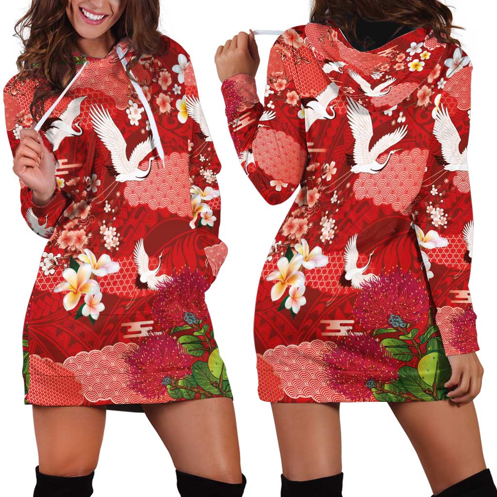 Hawaiian and Japanese Culture Together Hoodie Dress Red Ohia Lehua Plumeria and Sakura Blooming LT03 - Polynesian Pride