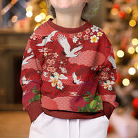 Hawaiian and Japanese Culture Together Kid Ugly Christmas Sweater Red Ohia Lehua Plumeria and Sakura Blooming LT03 - Polynesian Pride