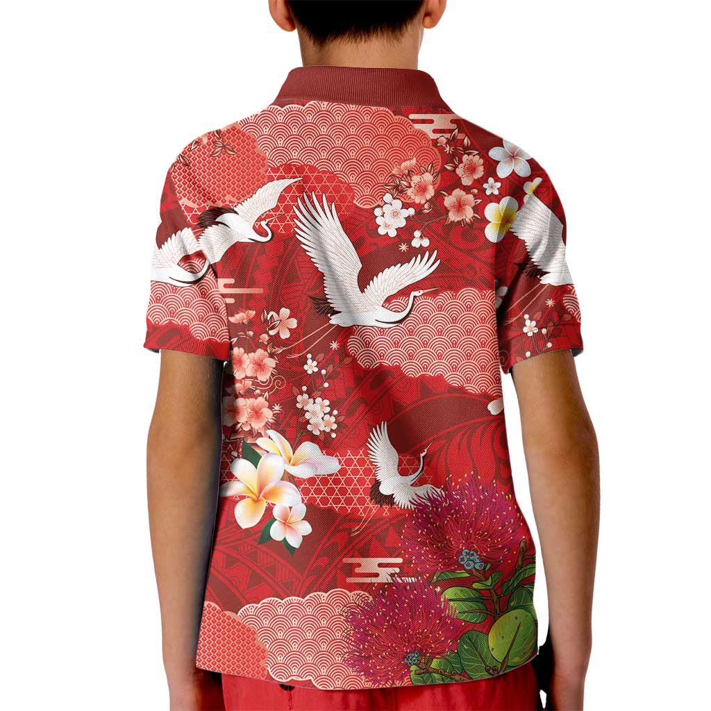 Hawaiian and Japanese Culture Together Kid Polo Shirt Red Ohia Lehua Plumeria and Sakura Blooming LT03 - Polynesian Pride