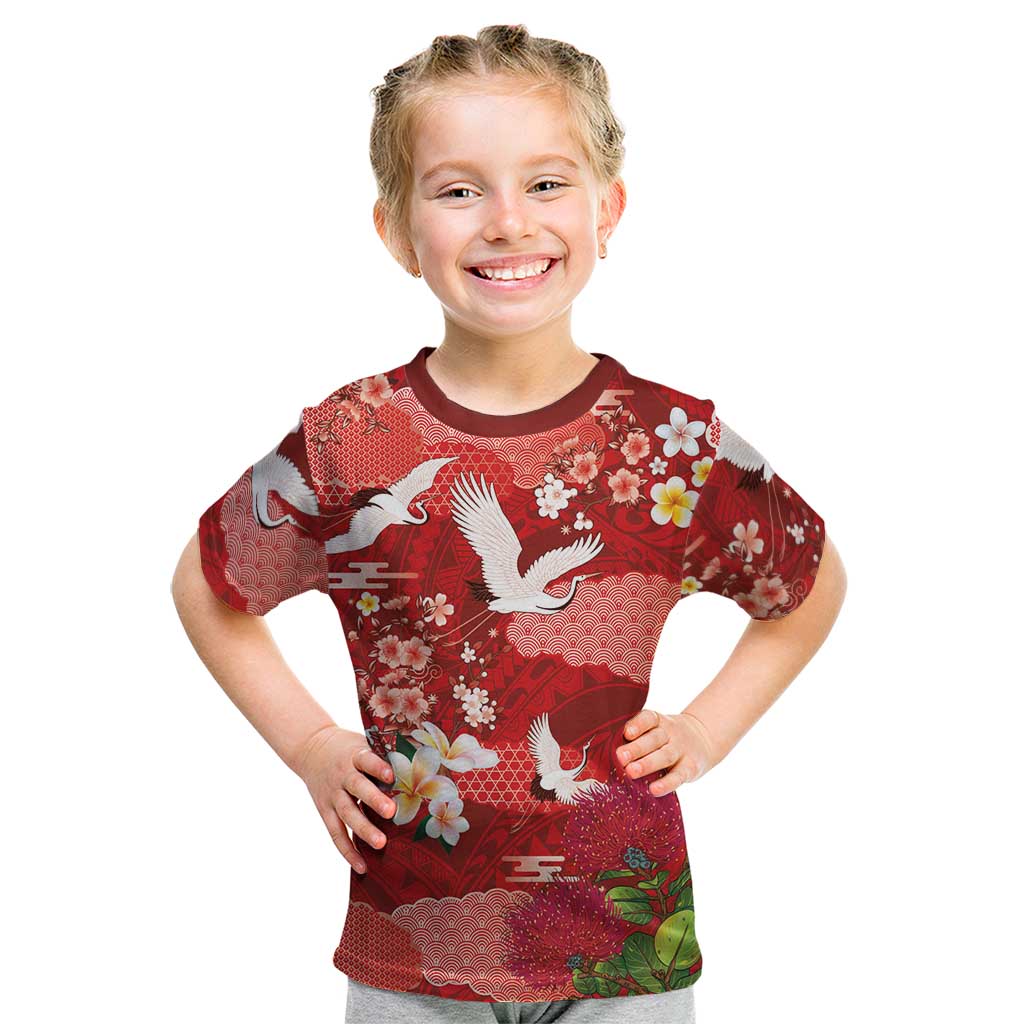 Hawaiian and Japanese Culture Together Kid T Shirt Red Ohia Lehua Plumeria and Sakura Blooming LT03 Red - Polynesian Pride
