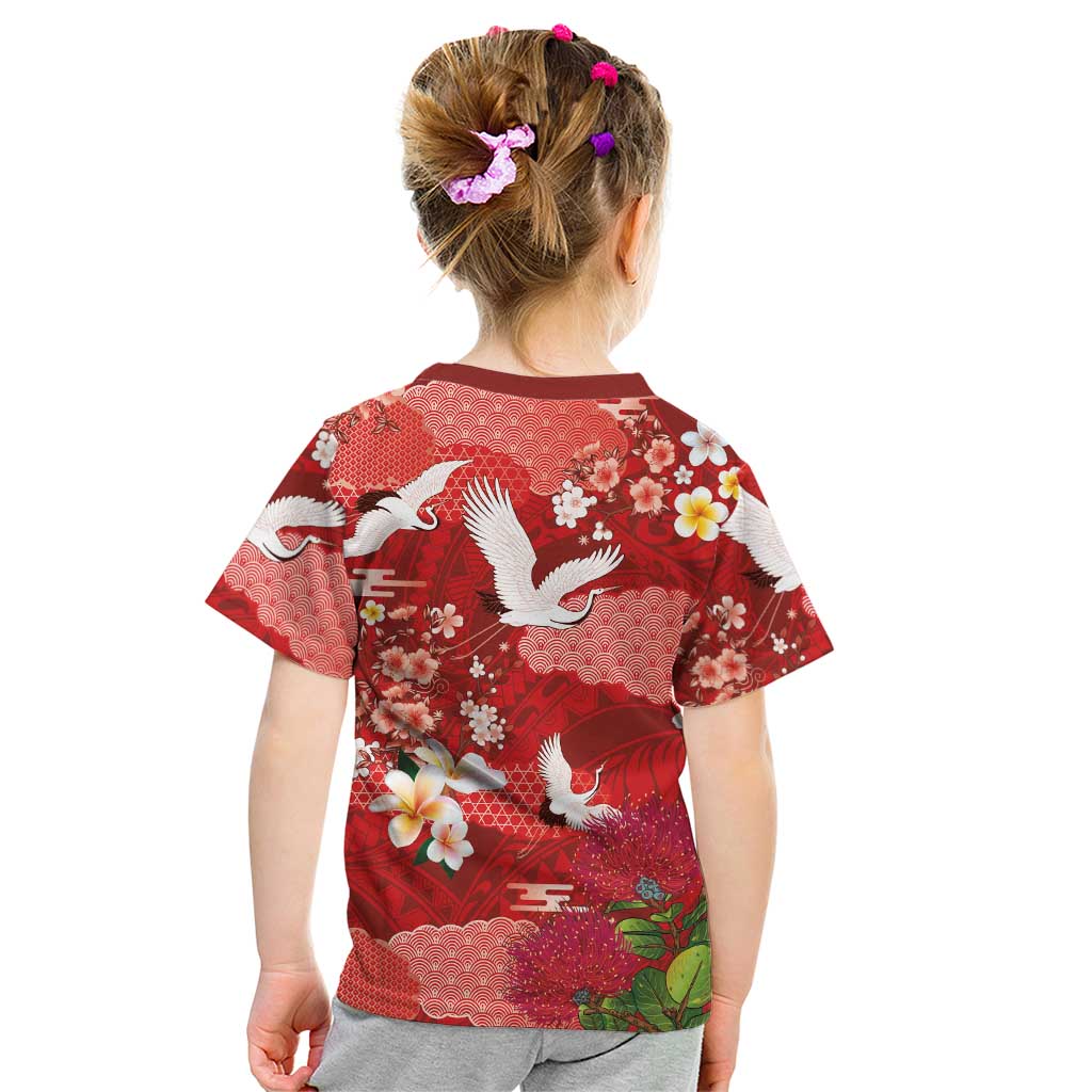 Hawaiian and Japanese Culture Together Kid T Shirt Red Ohia Lehua Plumeria and Sakura Blooming LT03 - Polynesian Pride