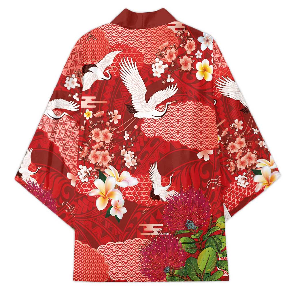 Hawaiian and Japanese Culture Together Kimono Red Ohia Lehua Plumeria and Sakura Blooming LT03 - Polynesian Pride
