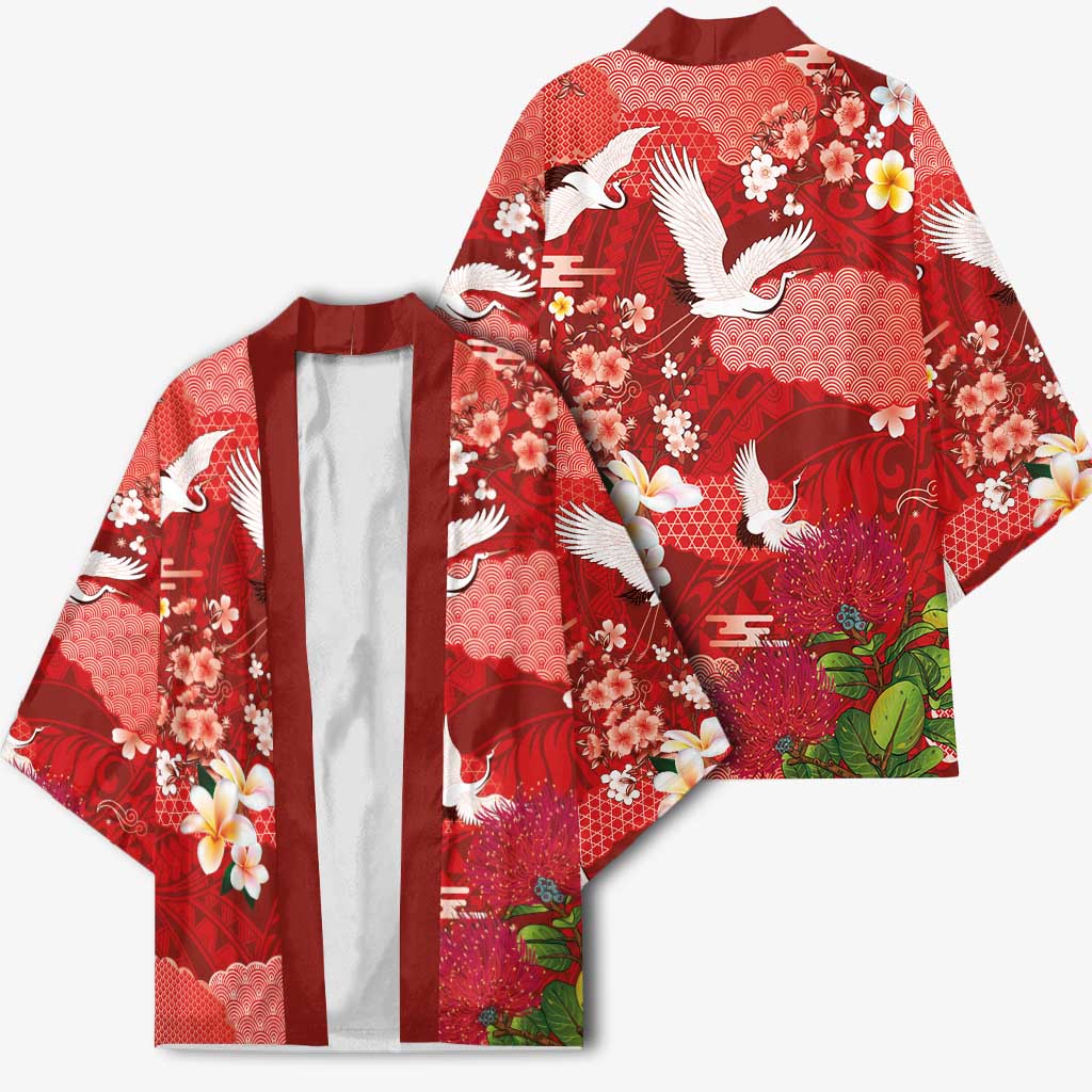Hawaiian and Japanese Culture Together Kimono Red Ohia Lehua Plumeria and Sakura Blooming LT03 - Polynesian Pride