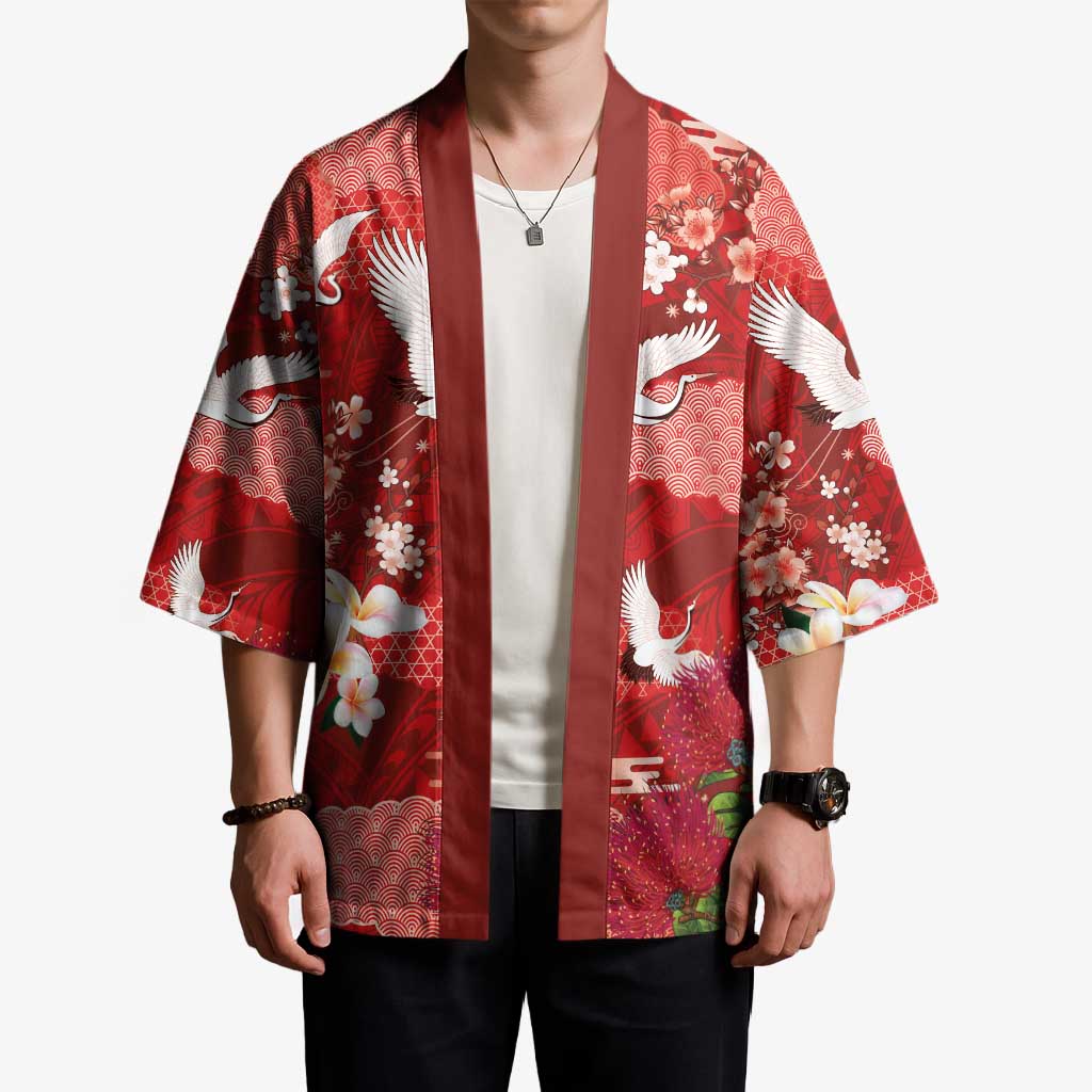 Hawaiian and Japanese Culture Together Kimono Red Ohia Lehua Plumeria and Sakura Blooming LT03 - Polynesian Pride