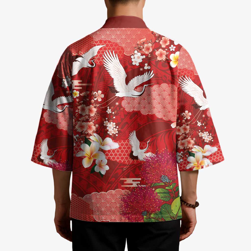 Hawaiian and Japanese Culture Together Kimono Red Ohia Lehua Plumeria and Sakura Blooming LT03 - Polynesian Pride