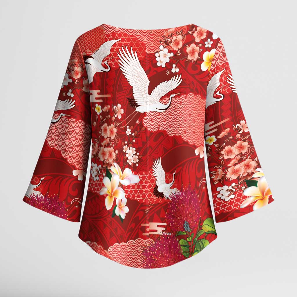 Hawaiian and Japanese Culture Together Kimono Sleeve Blouse Red Ohia Lehua Plumeria and Sakura Blooming LT03 - Polynesian Pride