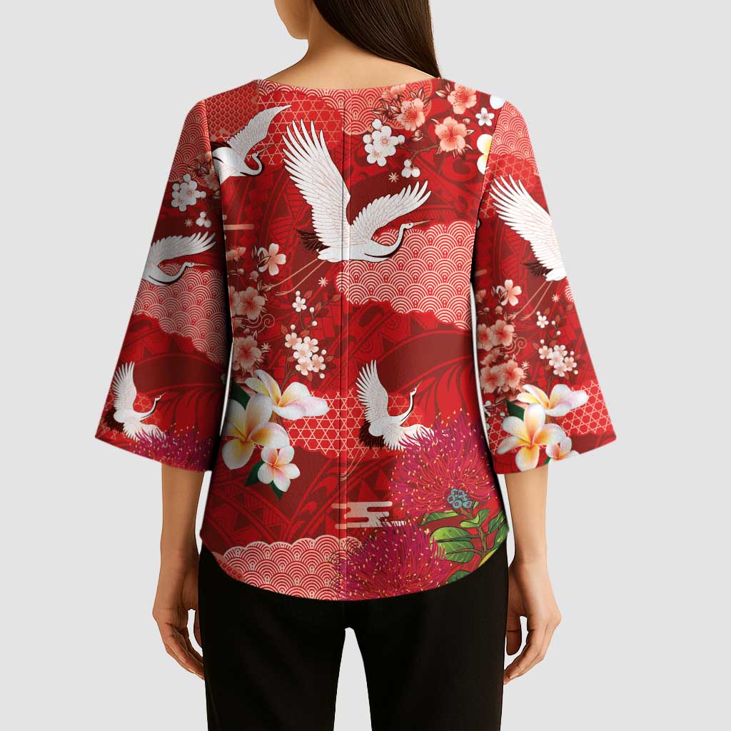 Hawaiian and Japanese Culture Together Kimono Sleeve Blouse Red Ohia Lehua Plumeria and Sakura Blooming LT03 - Polynesian Pride