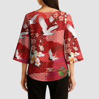 Hawaiian and Japanese Culture Together Kimono Sleeve Blouse Red Ohia Lehua Plumeria and Sakura Blooming LT03 - Polynesian Pride