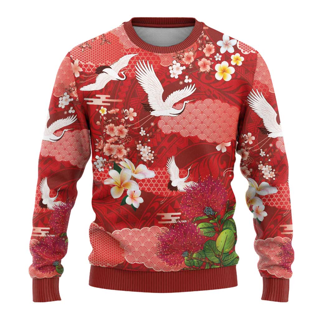 Hawaiian and Japanese Culture Together Ugly Christmas Sweater Red Ohia Lehua Plumeria and Sakura Blooming LT03 - Polynesian Pride