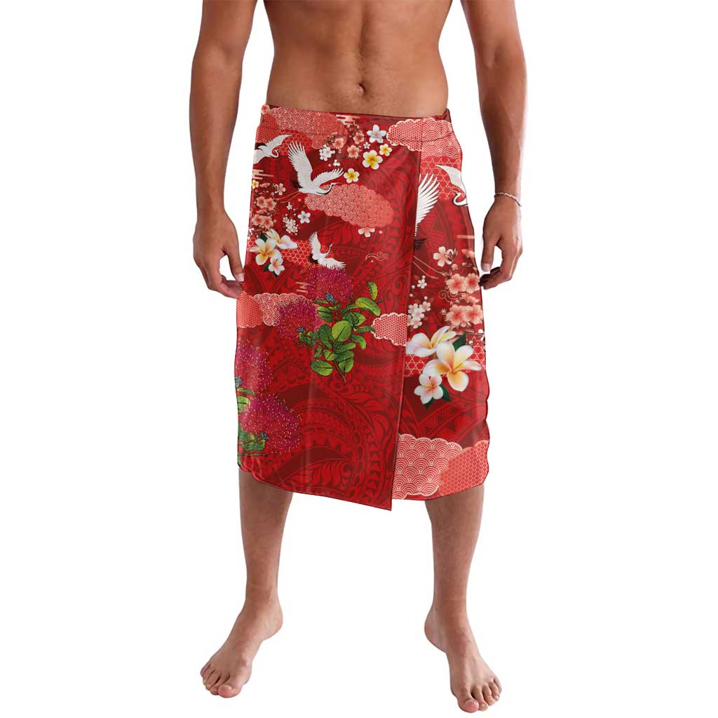 Hawaiian and Japanese Culture Together Lavalava Red Ohia Lehua Plumeria and Sakura Blooming LT03 Red - Polynesian Pride