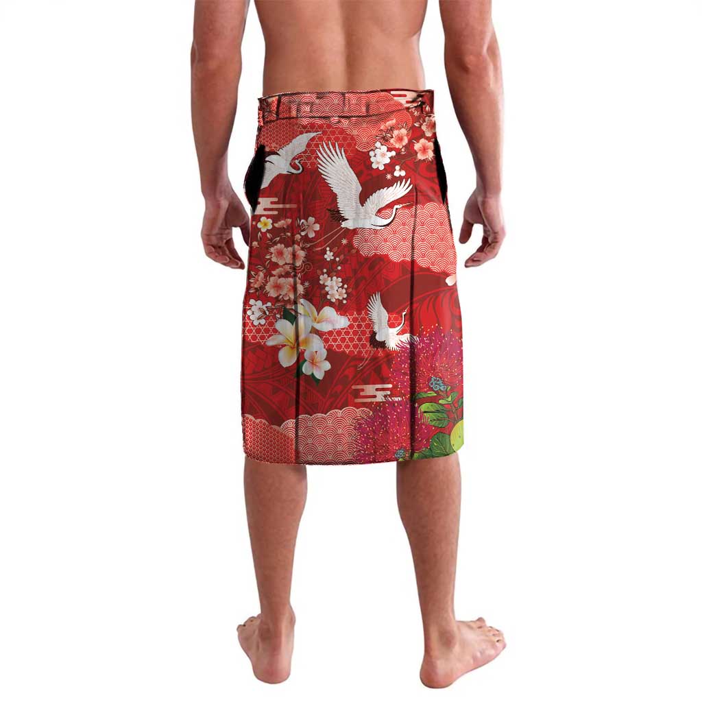 Hawaiian and Japanese Culture Together Lavalava Red Ohia Lehua Plumeria and Sakura Blooming LT03 - Polynesian Pride