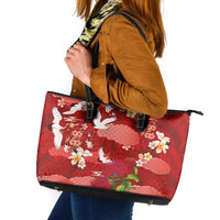 Hawaiian and Japanese Culture Together Leather Tote Bag Red Ohia Lehua Plumeria and Sakura Blooming LT03 Red - Polynesian Pride
