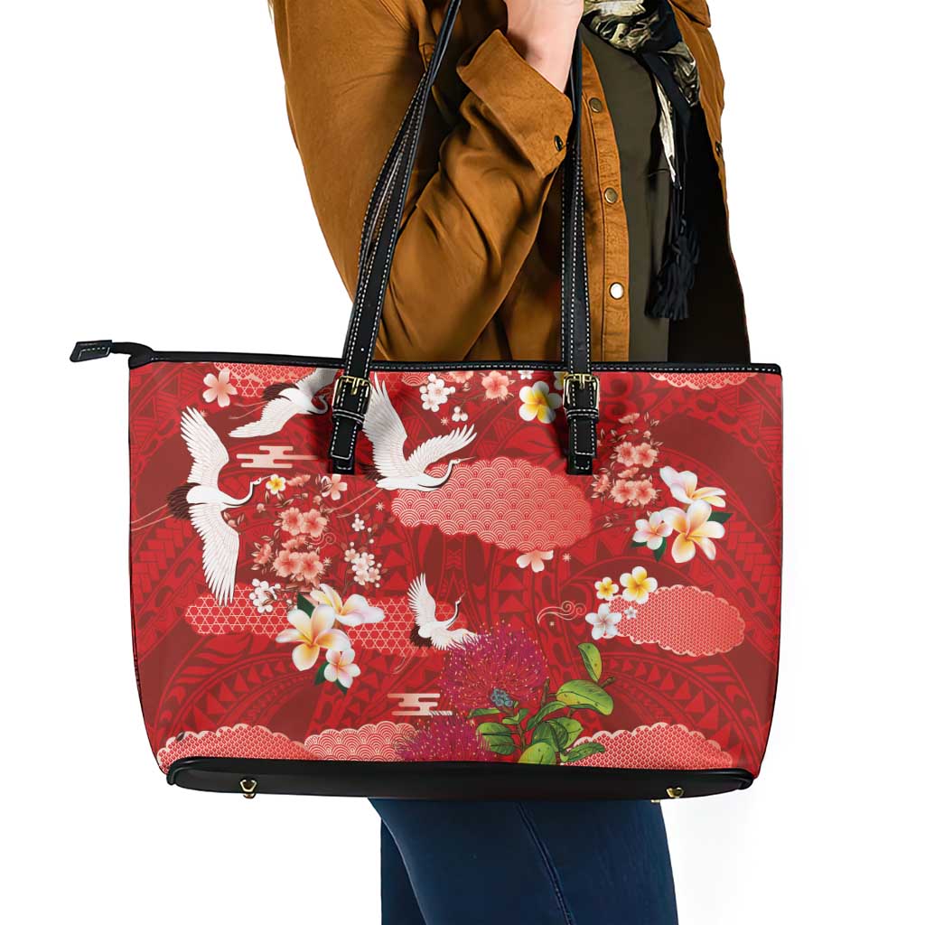 Hawaiian and Japanese Culture Together Leather Tote Bag Red Ohia Lehua Plumeria and Sakura Blooming LT03 - Polynesian Pride