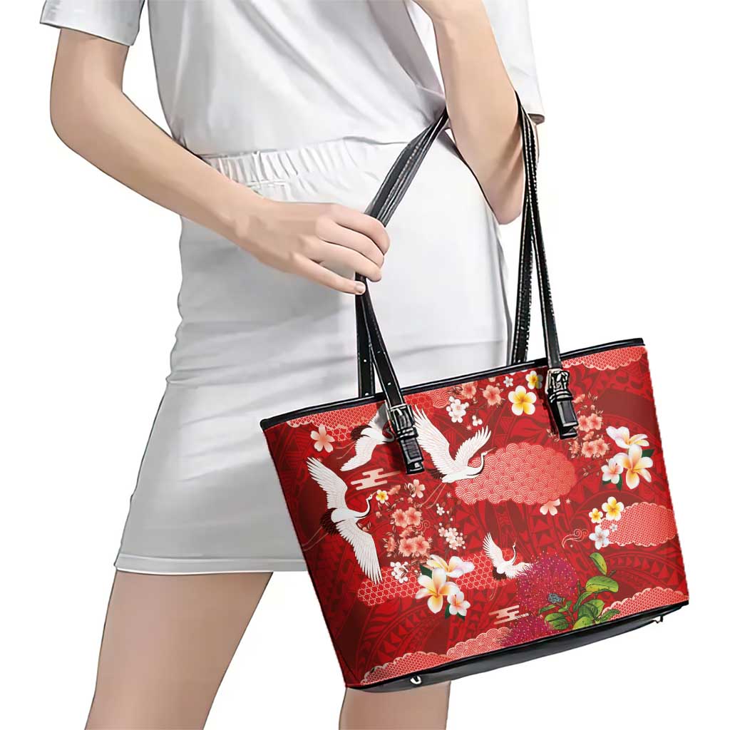 Hawaiian and Japanese Culture Together Leather Tote Bag Red Ohia Lehua Plumeria and Sakura Blooming LT03 - Polynesian Pride