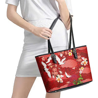 Hawaiian and Japanese Culture Together Leather Tote Bag Red Ohia Lehua Plumeria and Sakura Blooming LT03 - Polynesian Pride