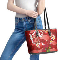 Hawaiian and Japanese Culture Together Leather Tote Bag Red Ohia Lehua Plumeria and Sakura Blooming LT03 - Polynesian Pride