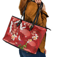 Hawaiian and Japanese Culture Together Leather Tote Bag Red Ohia Lehua Plumeria and Sakura Blooming LT03 - Polynesian Pride