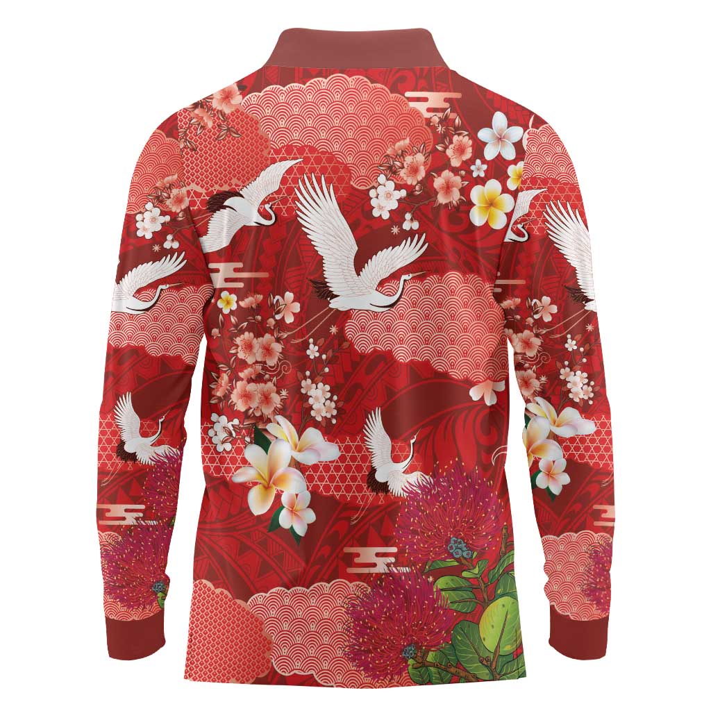 Hawaiian and Japanese Culture Together Long Sleeve Polo Shirt Red Ohia Lehua Plumeria and Sakura Blooming LT03 - Polynesian Pride